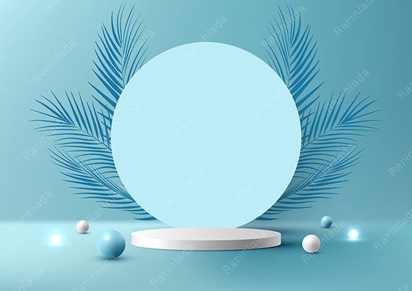 Download 3D White Podium Blue Backdrop Palm Leaf - Palm Collection